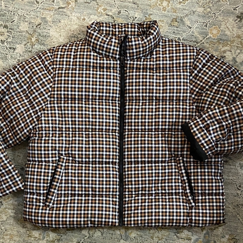 Time and Tru Plaid Puffer Jacket in Brown and Black